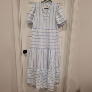 Crown & Ivy Blue and White Puff Sleeve Dress, Size Large